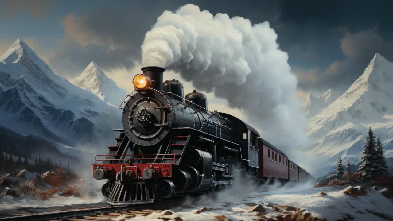 Un tren de vapor antiguo viaja a través de montañas nevadas. El vídeo está grabado desde un ángulo bajo.