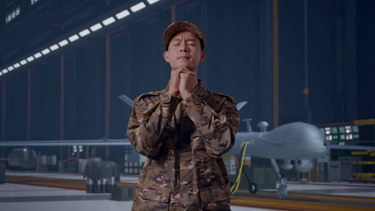 Asian Man Army Soldier Uniform Praying With Modern Military Drone In Maintenance Hangar
