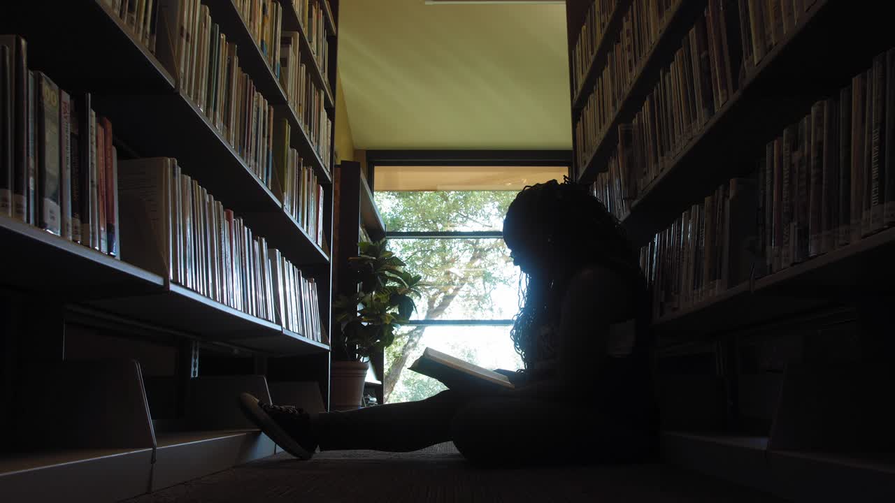 Pretty Black Woman Reading in Library - Left to Right Dolly