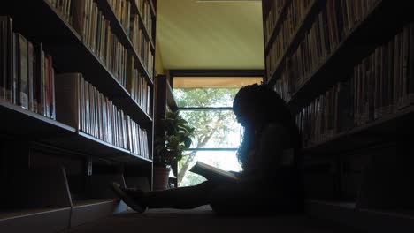 pretty black woman reading in library - left to right dolly