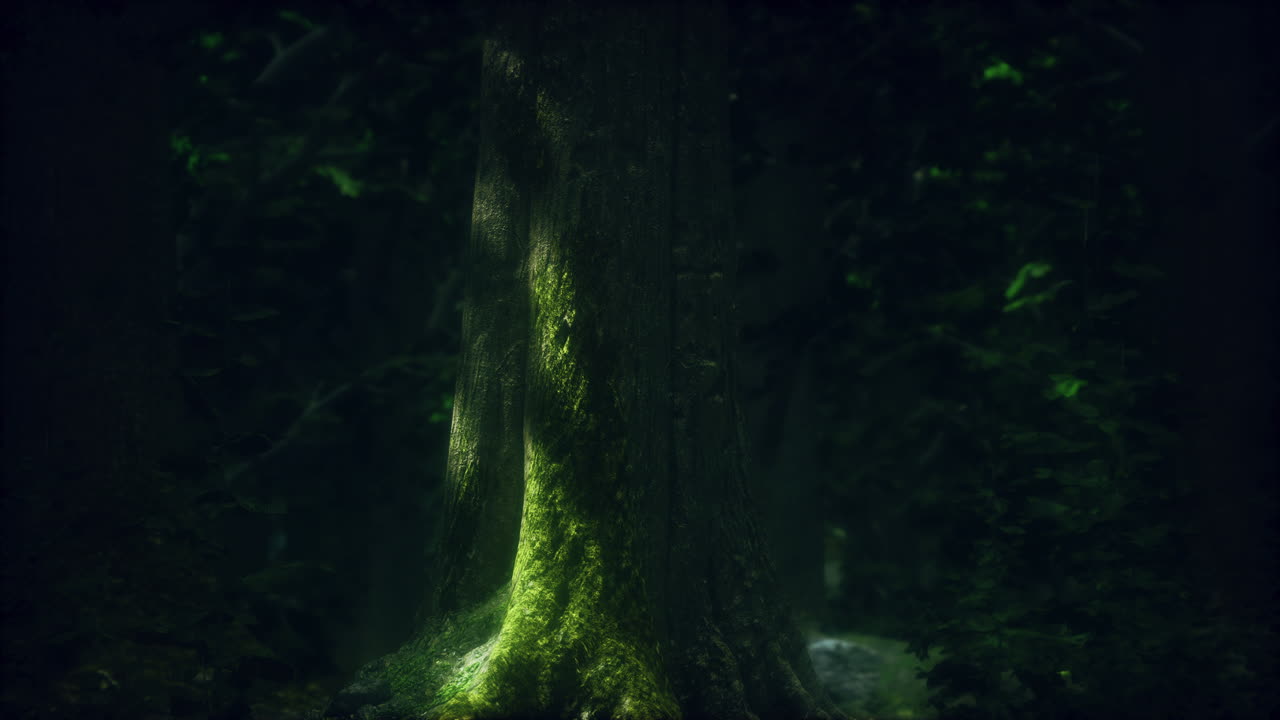 bosque encantado: tronco de árbol de musgo en bosques profundos
