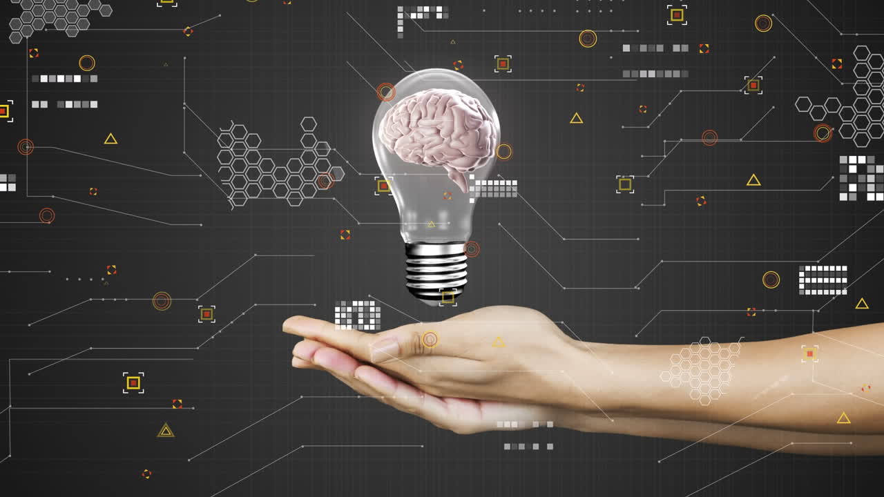 어두운 배경에서 전구와 데이터 처리와 함께 손의 애니메이션