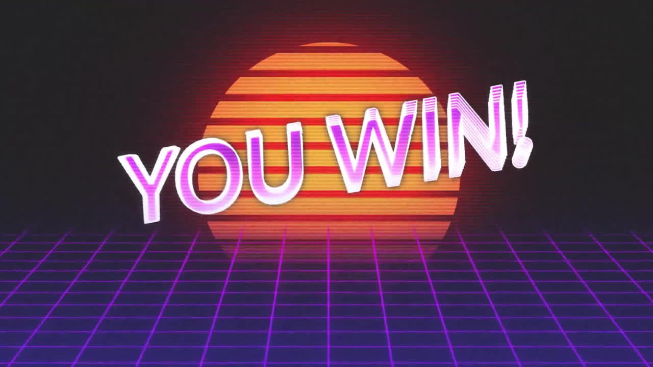 당신은 텍스트, 불꽃놀이와 검은색 배경 위의 태양과 그리드 패턴을 승리 애니메이션