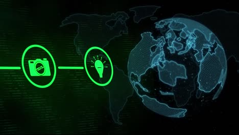 network of digital icons over spinning globe and world map against black background
