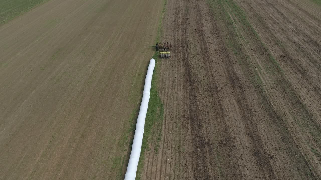 vista aérea de un granjero amish sembrando su campo con 6 caballos