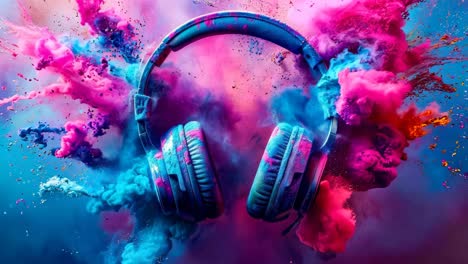 a pair of headphones with colorful paint splatters on a blue background