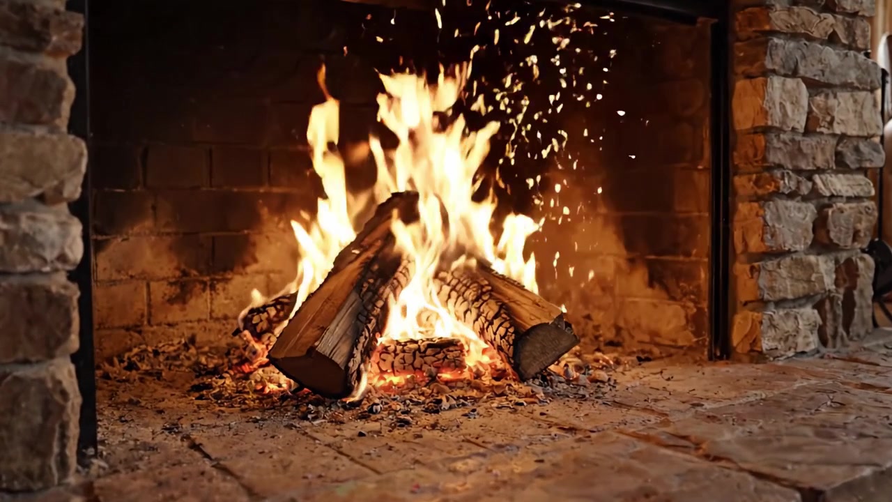 Una Scena Accogliente con Camino che Presenta un Fuoco Caldo e Tremolante e Dintorni in Pietra Rustica, Perfetta per Creare un'Atmosfera Rilassante in Qualsiasi Spazio Abitativo