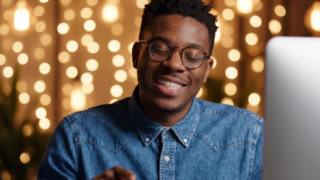 Conversazione coinvolgente: una persona con una camicia di jeans e occhiali che sorride a un computer con uno sfondo ben illuminato per un'esperienza di videochiamata