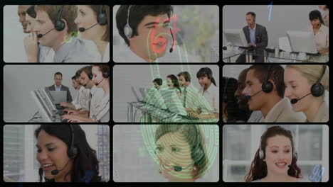 animación de un candado biométrico digital sobre fotos de gente de negocios usando auriculares de teléfono