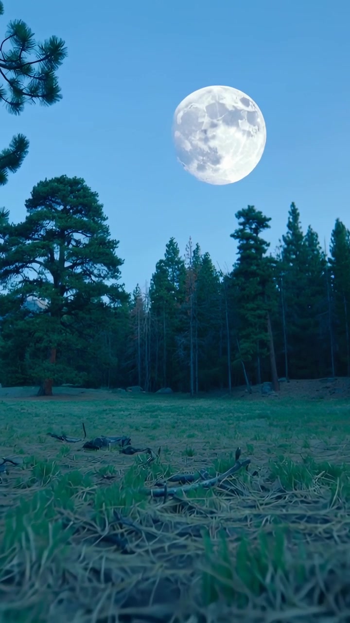 Video verticale: Telecamera che si sposta, spingendo la luna piena verso la linea degli alberi in un prato, con un ramo di pino.