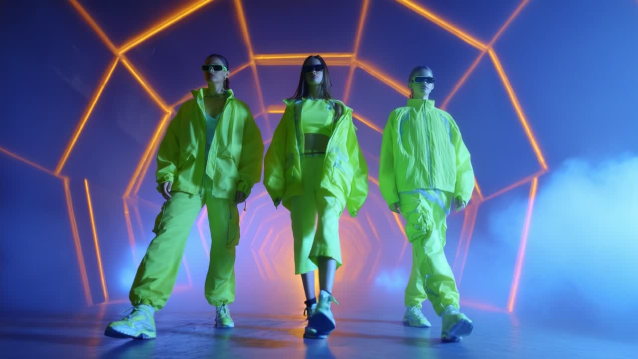 Three Stylish Figures in Neon Attire Strut Confidently Through a Vibrant Geometric Tunnel, Illuminated by Striking Neon Lights Creating a Futuristic Atmosphere Filled with Energy and Attitude