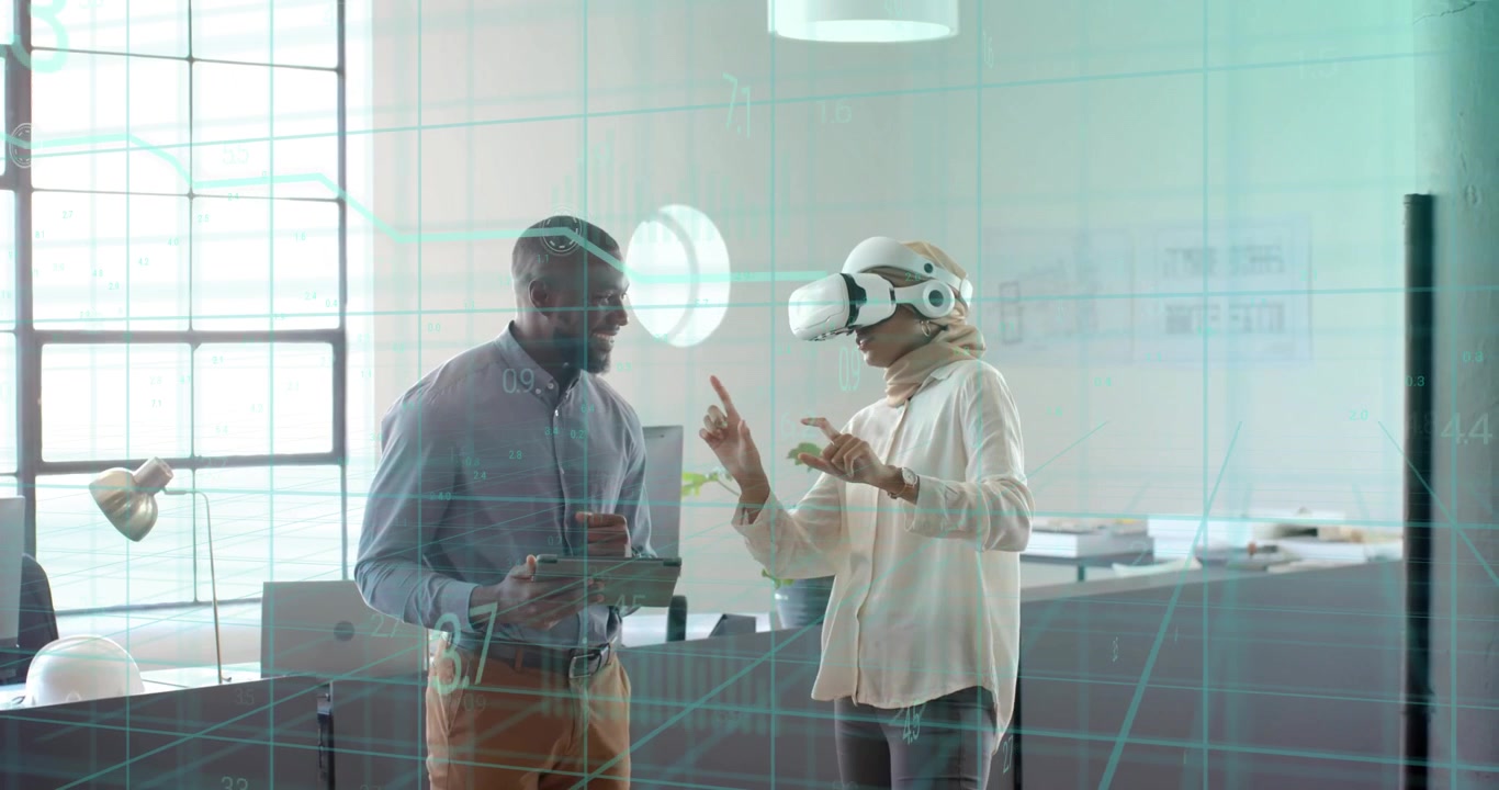 VR-Nutzer aktiviert Overlay mit Gesten, um Geschäftsdiagramme zu drehen, während ein Kollege ein Tablet hält.
