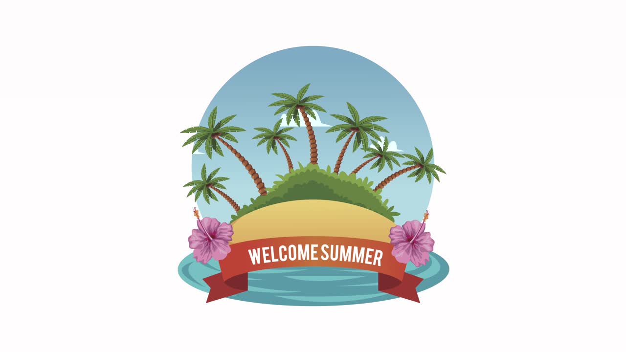 해변에 있는 과 함께 여름을 환영하는 글자
