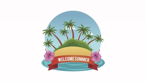 letras de bienvenida de verano con palmeras en la playa