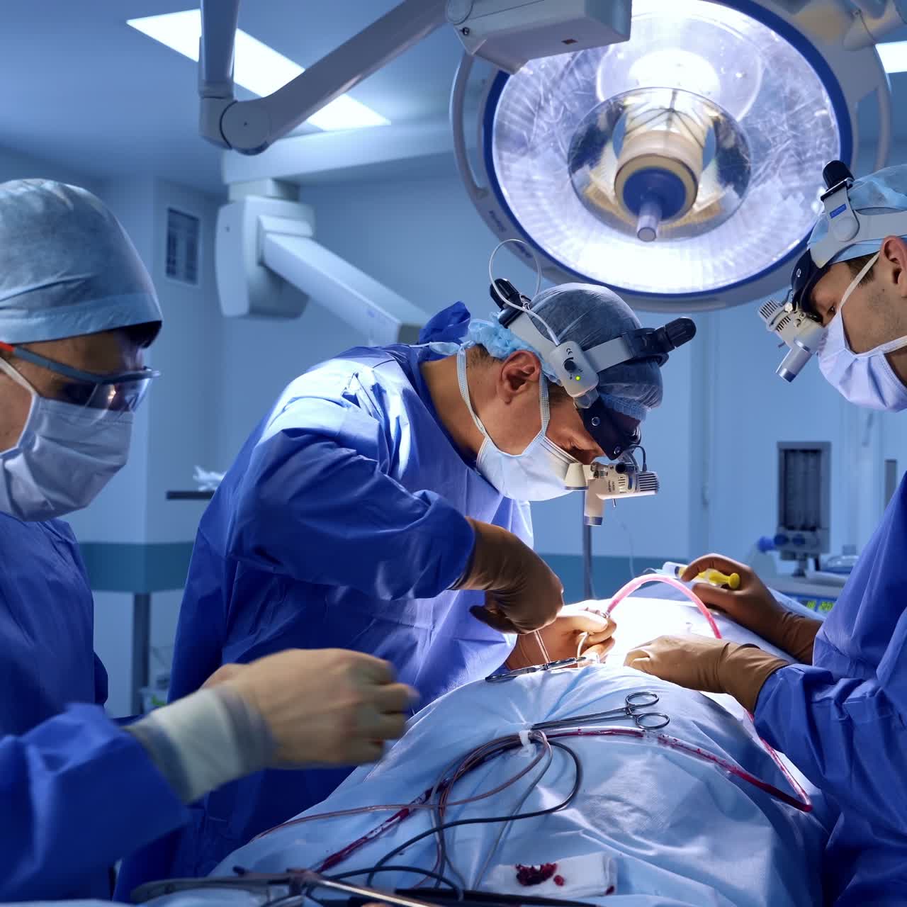 Neurosurgeons working under the big round lamp in surgery room. Focused specialists in device glasses apply tools at work