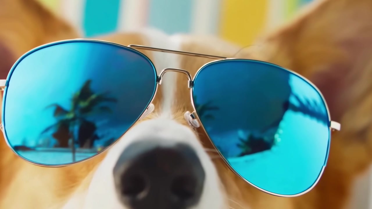Lindo perro Corgi con gafas de sol relajándose en una playa soleada