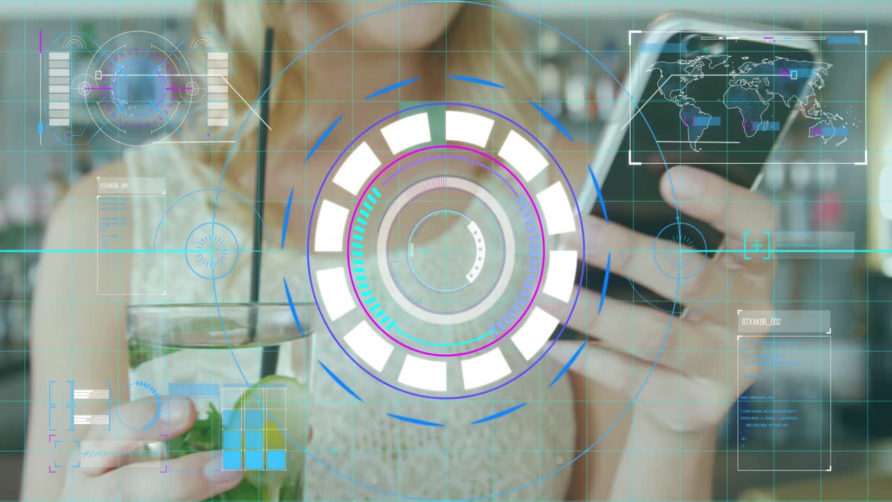 Woman presenting phone to camera while tapping in bar, AR HUD growing around drink showing info