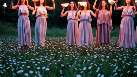 women with lamps in a meadow