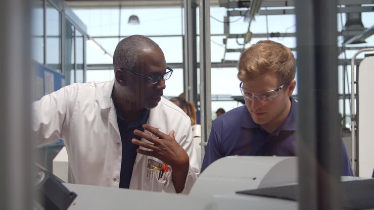 Engineer Teaching Apprentice How To Use Machine In Factory