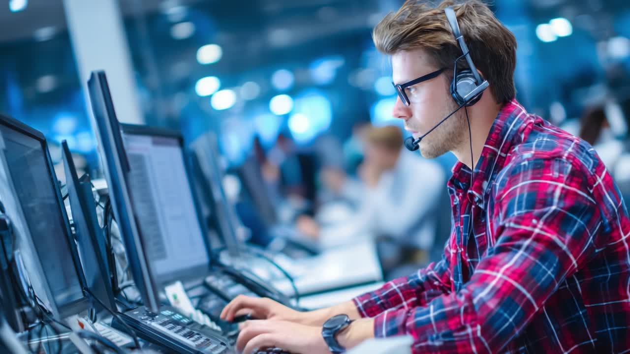 Focused Individual Working in a Modern Office Environment, Engaged in Communication through Headset While Utilizing Multiple Computer Monitors