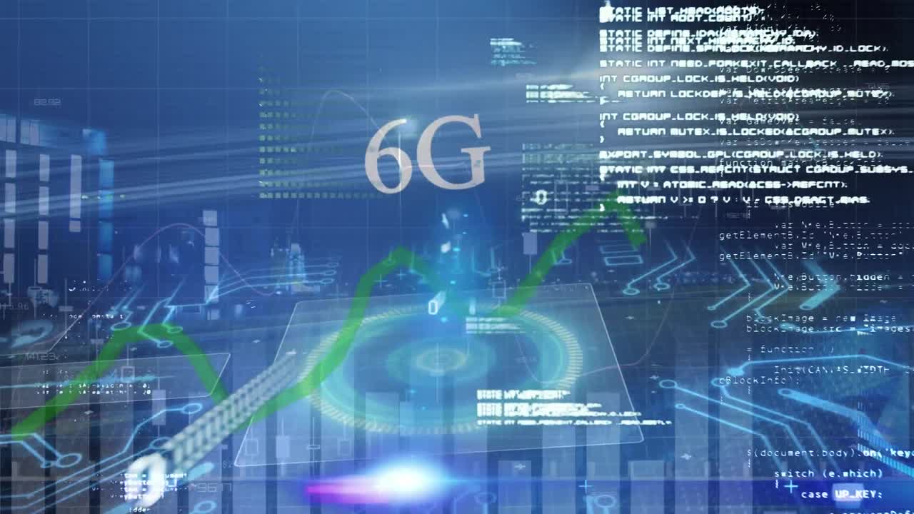 Animation of 6g text and data processing with green line on blue background