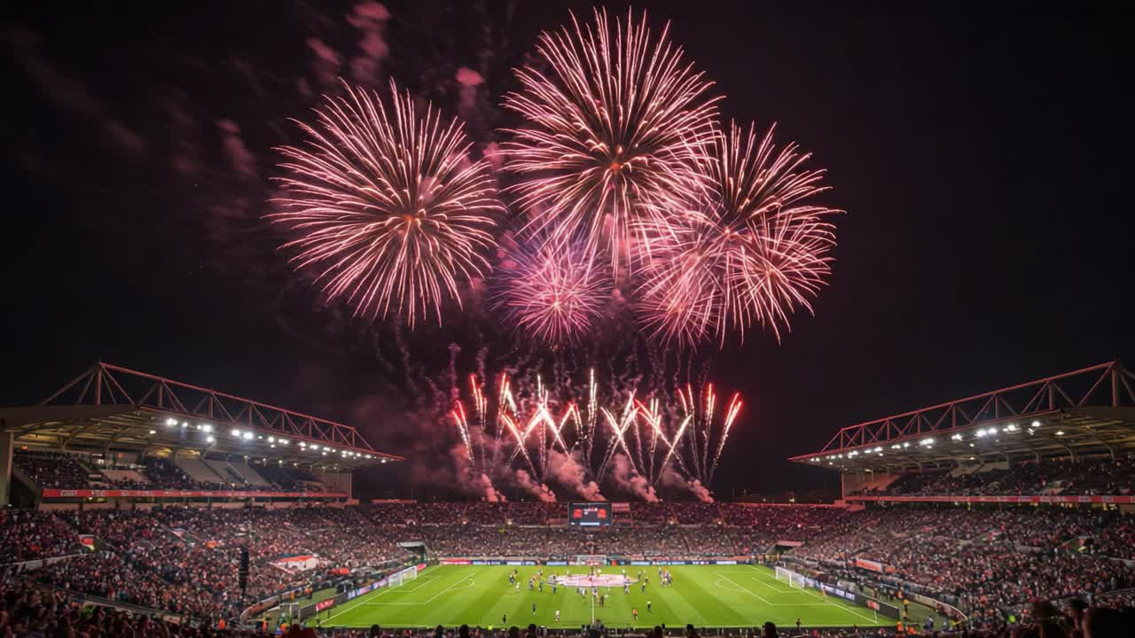 A Stunning Display of Fireworks Illuminates the Night Sky Above a Packed Stadium During an Exciting Sporting Event, Creating a Captivating Atmosphere Full of Celebration