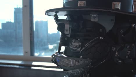 steampunk robot head with city view