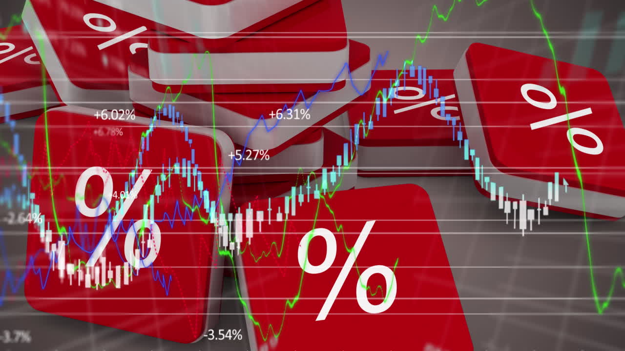 그래프와 통계 위에 퍼센트 기호를 가진 빨간 큐브의 애니메이션