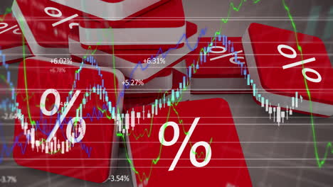 animation of red cubes with per cent sign over graphs and statistics