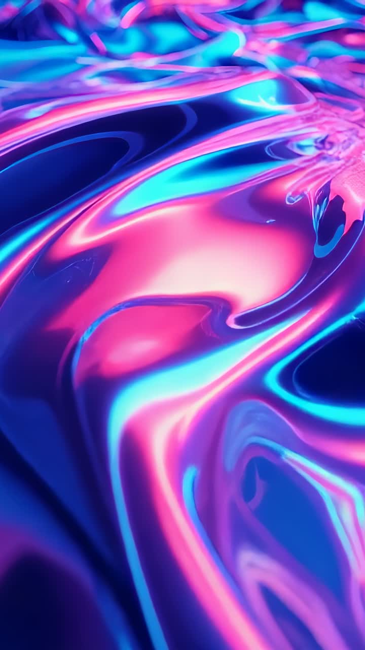 Vertical video: Reflective fluid surface initiating gentle ripples under neon pink, cyan lighting