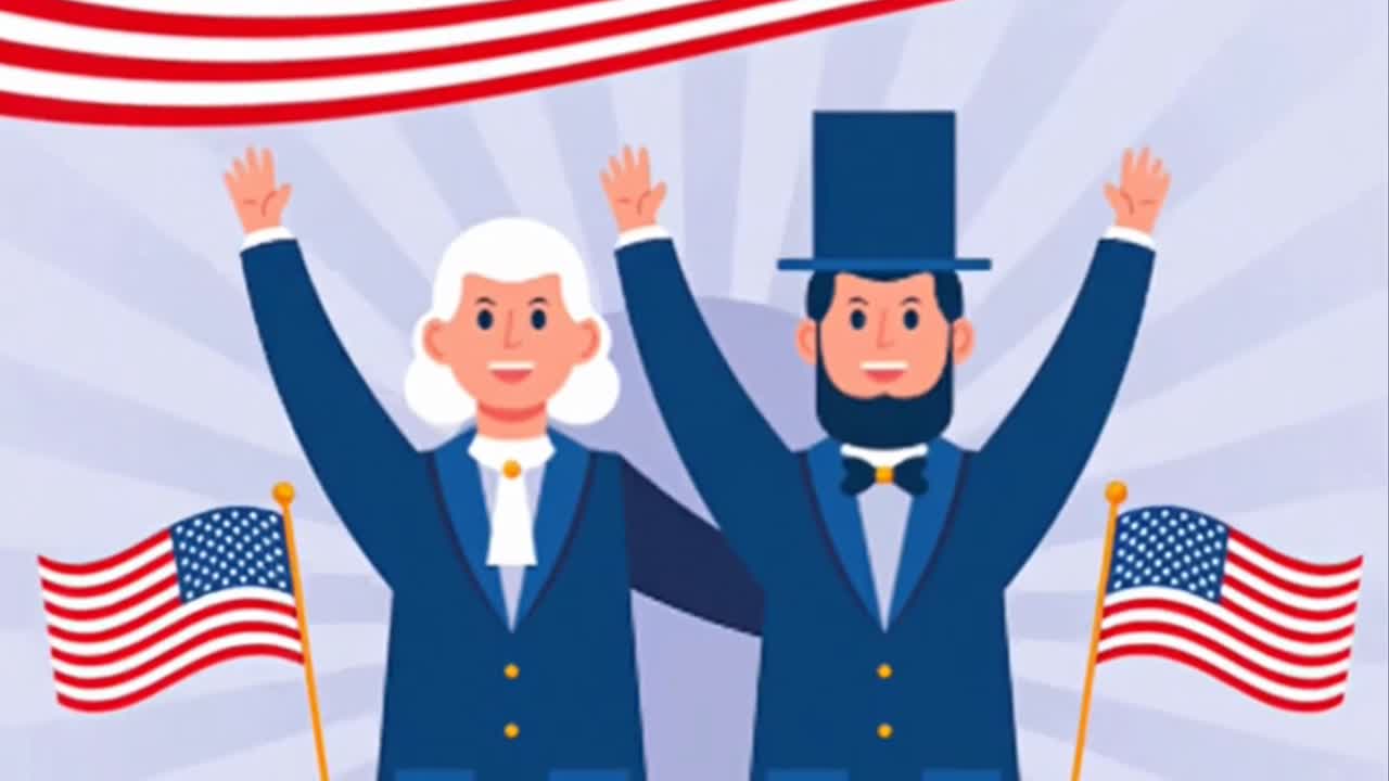 Presidents Day celebration with cartoon Washington and Lincoln waving American flags