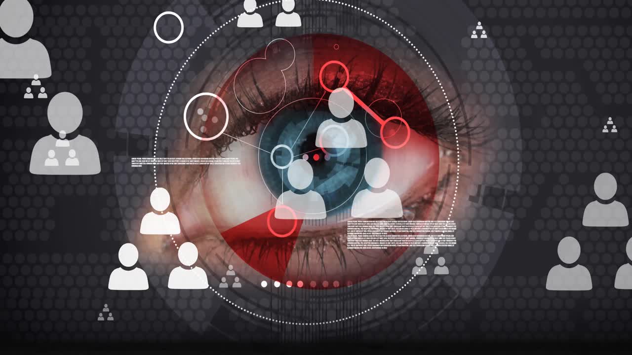Animation of people icons, data processing scope scanning over woman's eye