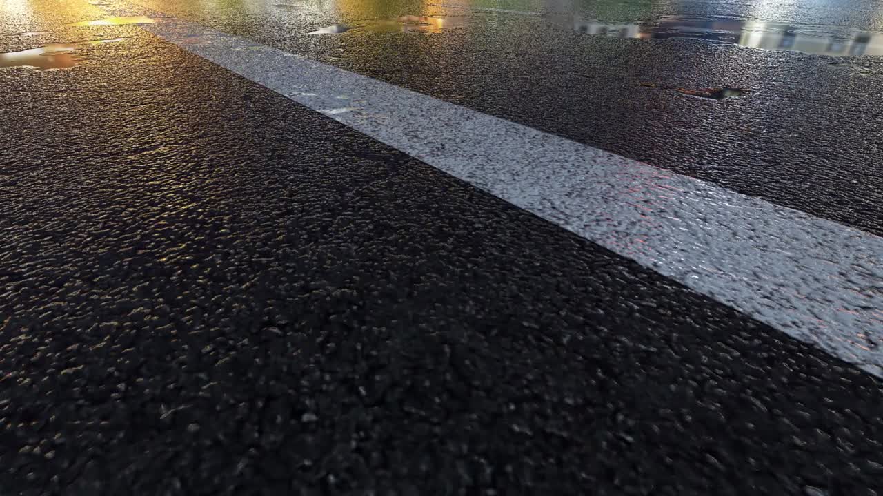 3D Heavy Rain Hitting Road At Night - 4K Realistic Rain Particle (Loopable) - Rainy Day on a colorful street with traffic - Wet Road At Night - Low angle shot of in the rain - Rainfall And Reflection On Road - Loopable Moving Image - Turkey - istanbul