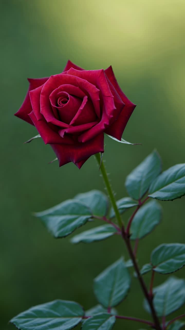 Close-up of a red rose with a blurred green background, captured from a low angle