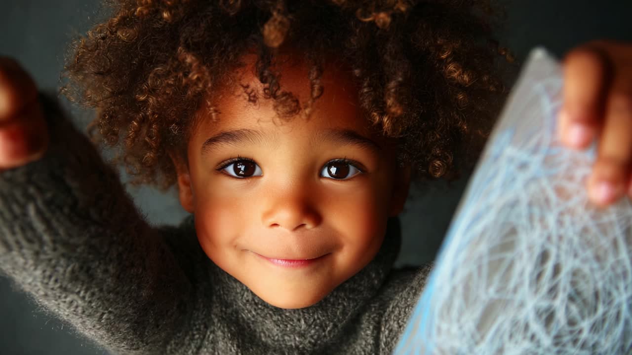 A joyful child with curly hair enthusiastically holding a transparent object, radiating happiness and curiosity, capturing the essence of childhood wonder and innocence with an inviting smile