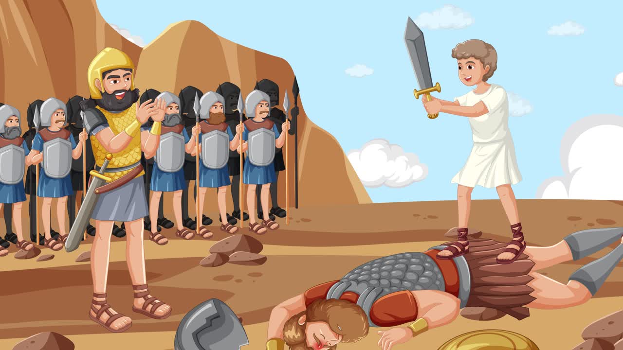 Animated warriors battle amidst cheering soldiers.