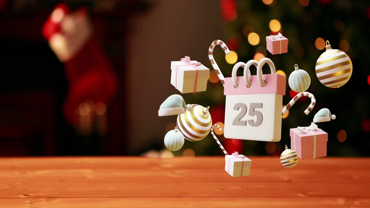 animación del calendario con fecha de 25 números y decoraciones navideñas