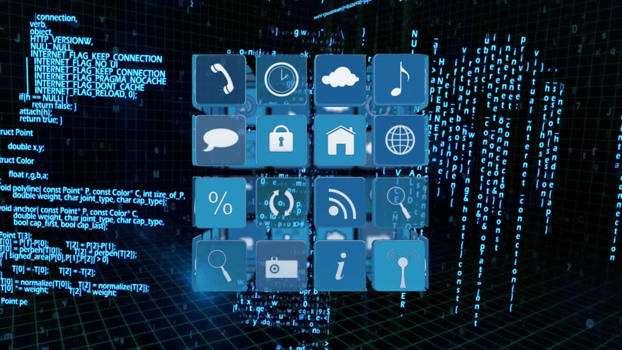 Internet icons on a cube with program codes