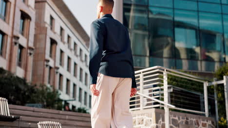 travel, walking and stairs with man in city