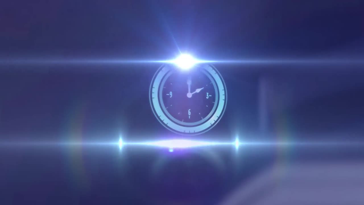 Animation of rotating safe lock with clock over light trail on blurred background
