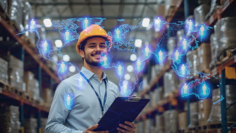 man in warehouse with global supply chain network overlay