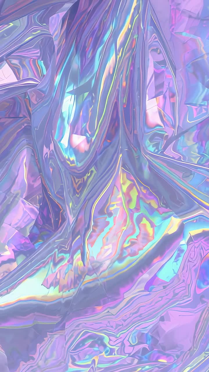 Vertical video: Starting panning iridescent metallic sheet in studio under diffused colored lights