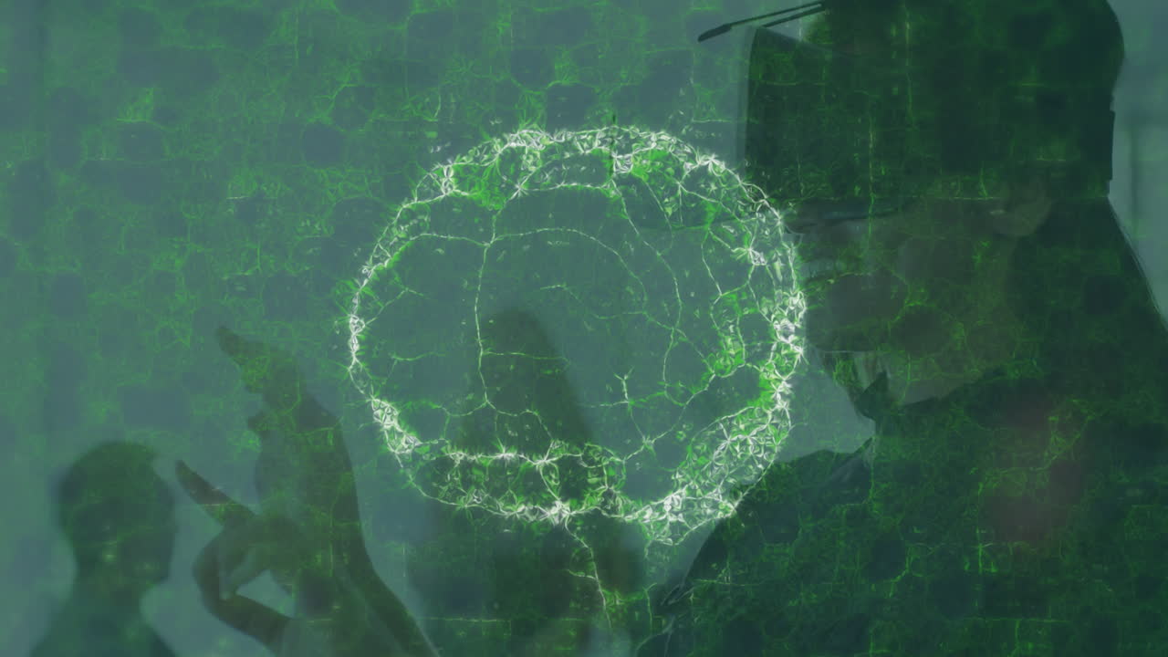 animación del cerebro humano sobre una mujer que usa auriculares vr