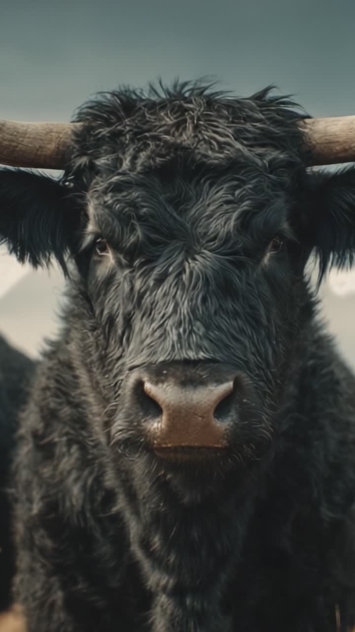 A Captivating Close-Up of a Majestic Black Cow, Showcasing its Remarkable Features and Characteristics in a Serene Pastoral Setting, Captured in Two Frames