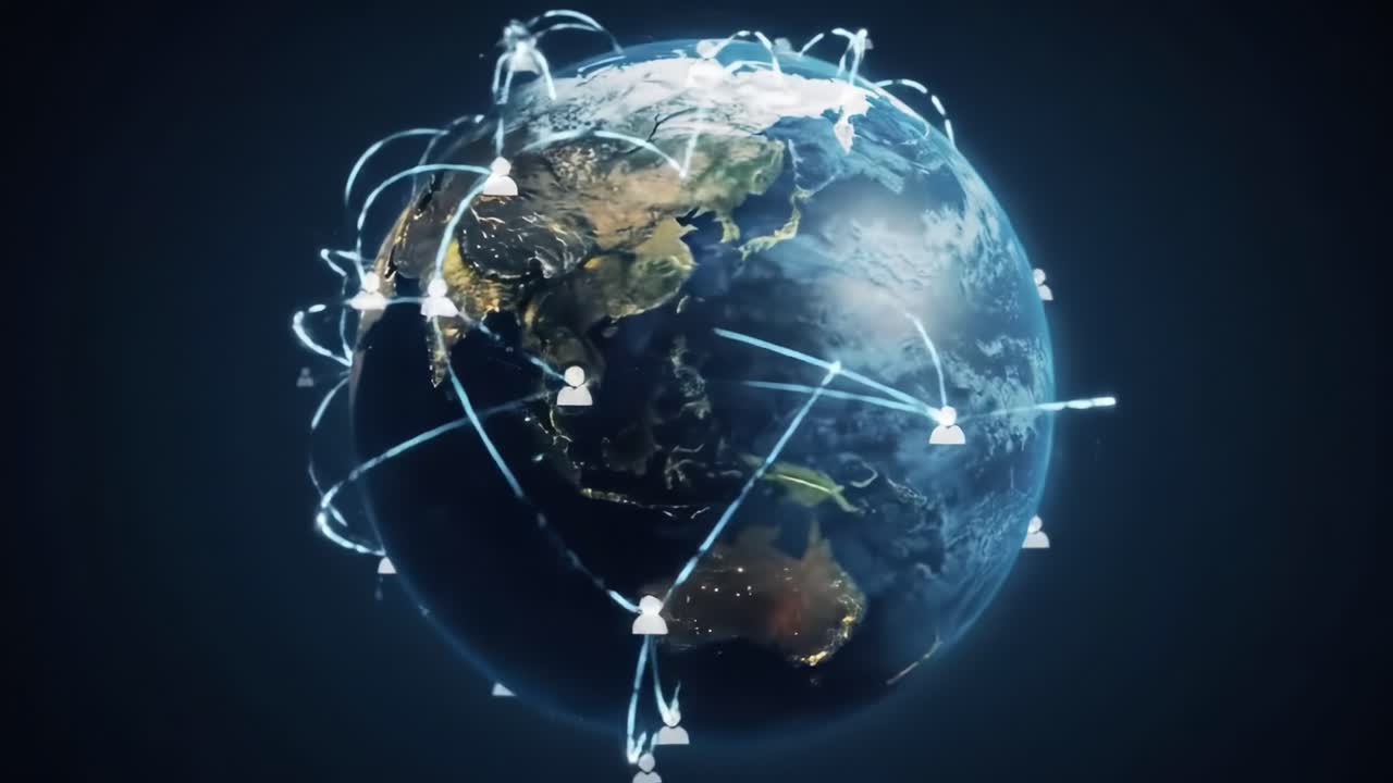 Global Connectivity: Visualizing the Interconnected Digital World with Networking Lines and User Icons Illustrating the Flow of Information Across Continents