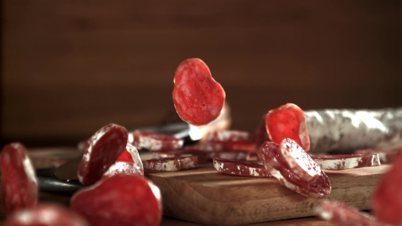 Fette di salame che cadono su un tagliere di legno al rallentatore