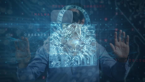 animación de un candado de seguridad sobre un hombre que usa auriculares vr