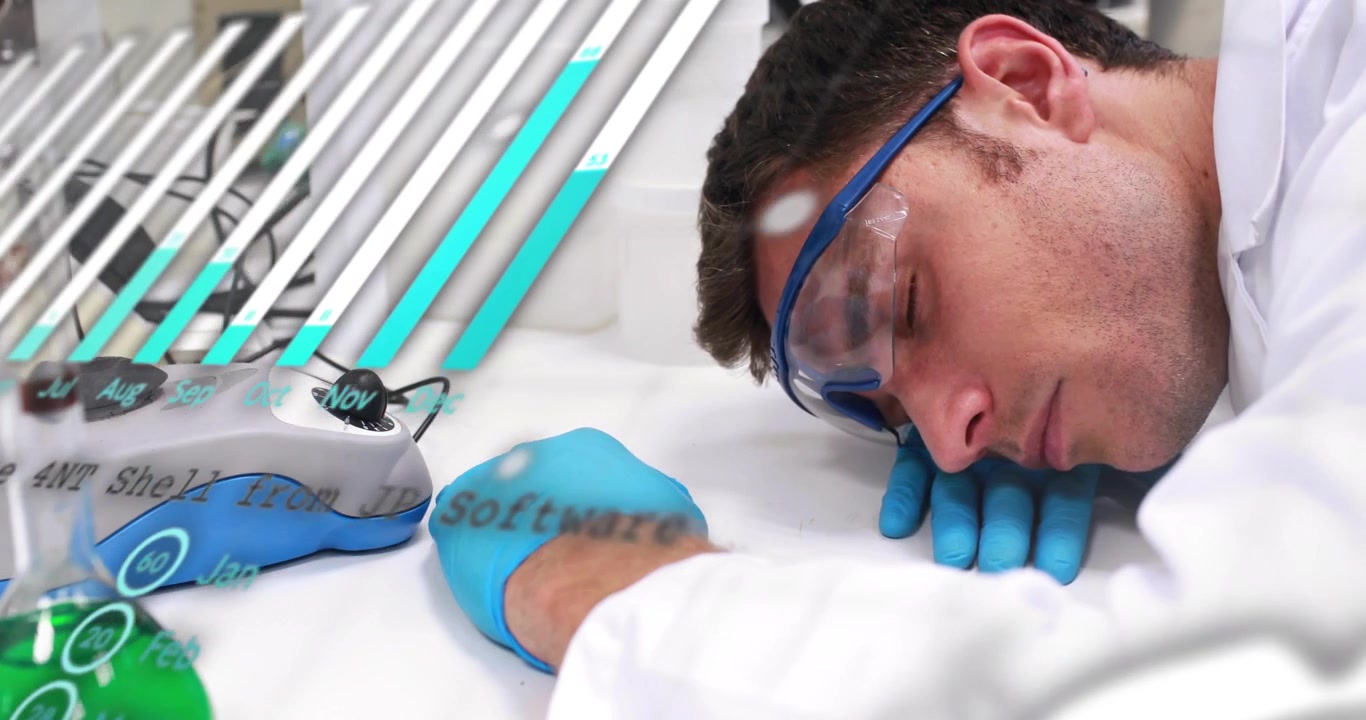 Video verticale: Reazione a sovrapposizioni, tecnico che si china, regolazione dell'unità al banco, camice da laboratorio, spazio per il testo.
