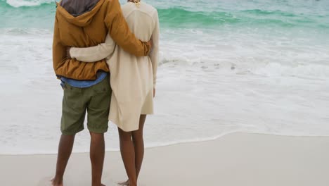 Rear-view-of-African-american-couple-standing-together-on-the-beach-4k-