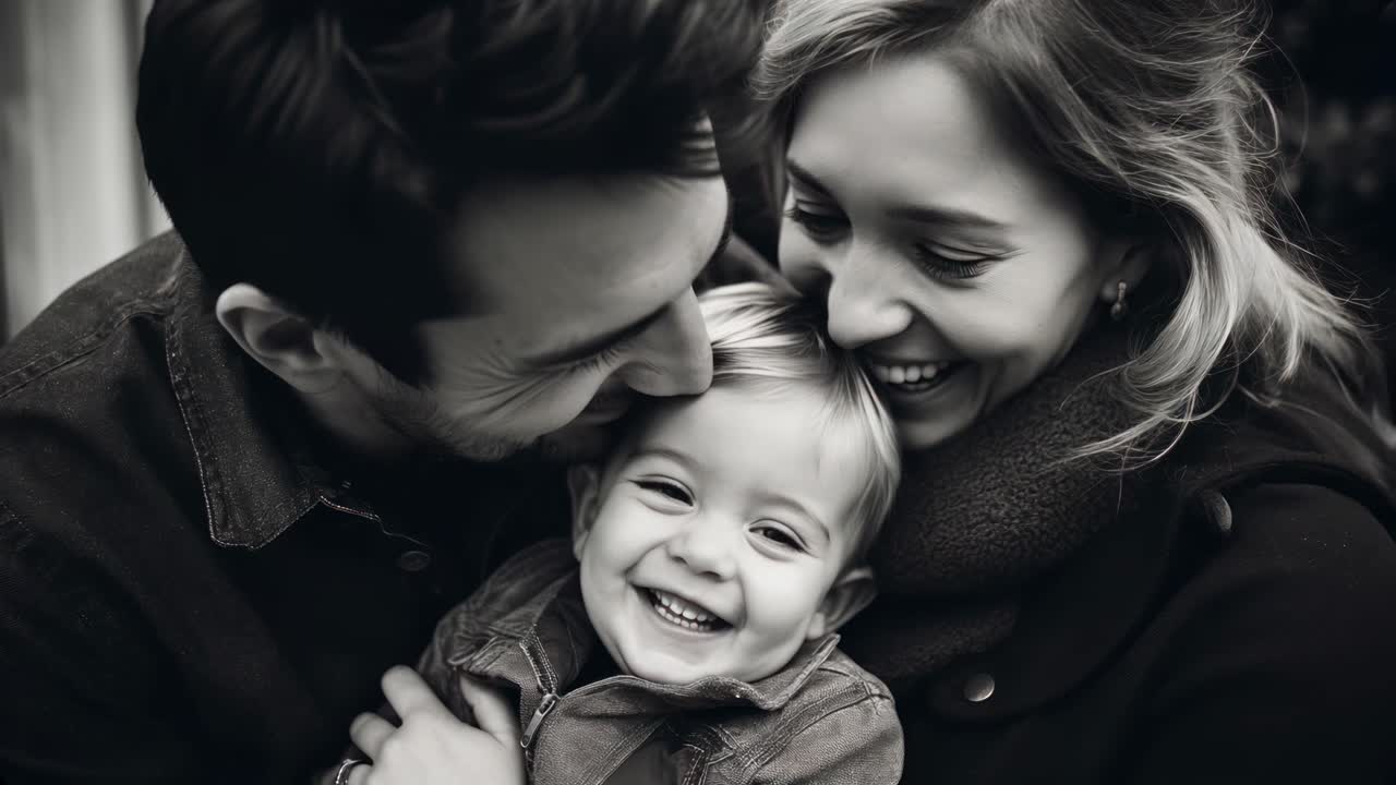 Heartwarming black-and-white video still of a joyful family, captured from a close-up angle